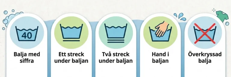 Tvättsymboler för tvätt: balja med siffra, ett och två streck under baljan, hand i baljan och överkryssad balja